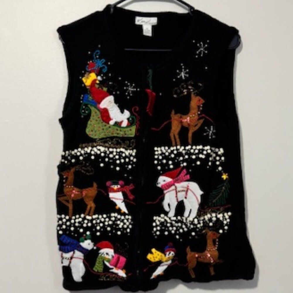 USED Woman's Kim Rogers No Sleeve Christmas Holiday Vest Color Black Size Med